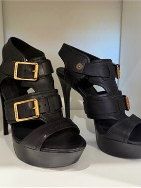 Burberry Black Women's Strappy High Heel Sandals with Gold Buckles